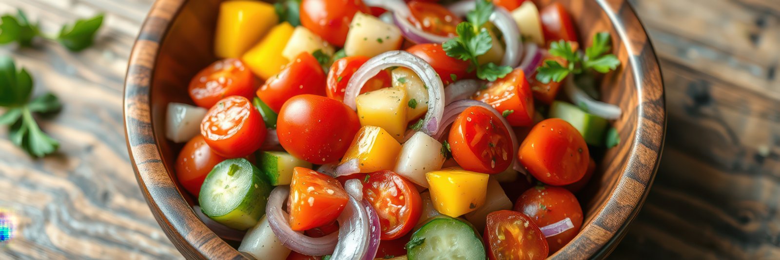 Colorful vegetable salad with fresh ingredients in a wooden bowl on a rustic table